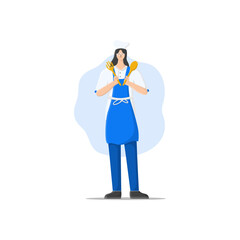 vector illustration of a female chef holding a kitchen utensil to cook a dish