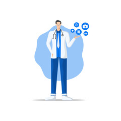vector illustration of male doctor decorated with medical service icons