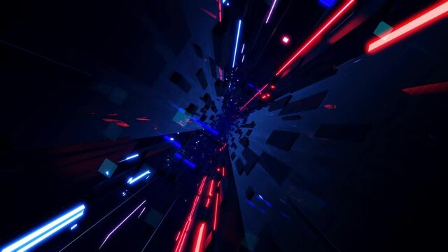 Deep tech or information technology concept. 3d looped background motion graphic. Blue dark sci fi bg flight through tech digital space, neon light. Hi-tech information flow in blockchain or bigdata.