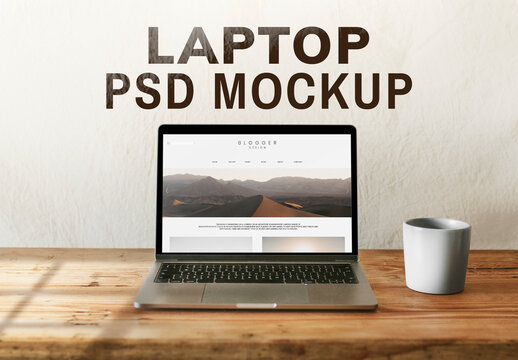 Laptop Mockup with Coffee Mug on Wooden Table