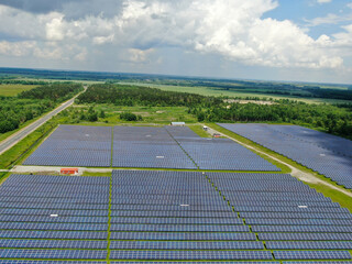 Solar panels or batteries. Construction of a solar energy production plant. Renewable energy sources. ECO concept.