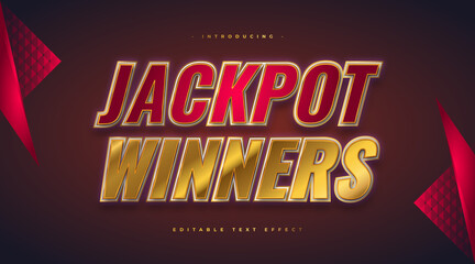 Jackpot Winners Text in Casino Style in Red and Gold with Glitter Effect. Editable Text Style Effect