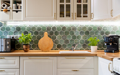modern kitchen interior with white furniture home background - obrazy, fototapety, plakaty