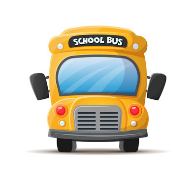 School bus, yellow, frontal view. Vector ,flat illustration in cartoon style isolated on white background