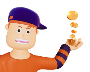 3d cartoon character holding dollar coin. Concept of earnings for young people, capital increase, job search for students. Young cartoon character holds a stack of gold dollar coins, 3d illustration.