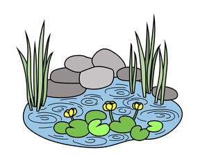Pond with water lilies and reeds in a simple flat graphic outline style. Isolated vector color hand-drawn illustration of small reservoir with aquatic plants, stones and rain circles on the water
