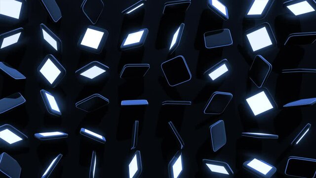 4r loop dark background with abstract blocks on plane like devices with screen lighting with blue neon light. Bg for festive show or holiday events, concerts, music videos, VJ for night clubs.