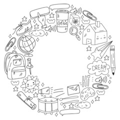 School, kindergarten with cute vector children. Creativity and imagination. Dancing, singing, painting, online education.