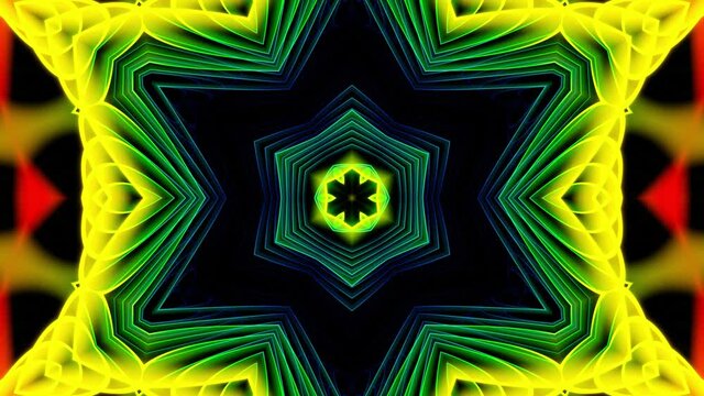 vj abstract kaleidoscope background with simple shapes periodic pattern. Hologram complex pattern as kaleidoscope. Neon light or glow rainbow color gradient. Lines and simple form. Star simmetry.