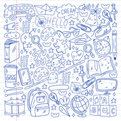 School, kindergarten with cute vector children. Creativity and imagination. Dancing, singing, painting, online education.