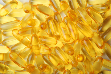 Omega 3 capsules close up. Fish fat. Background 