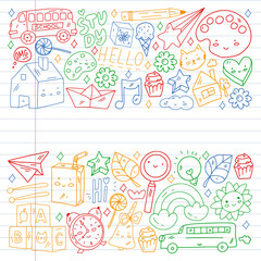 School, kindergarten icons for children. Creativity and imagination. Online education. Dancing, singing, painting.