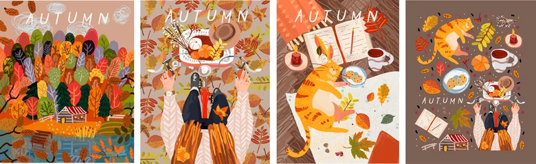 Poster Herfst. Vectorillustratie van een gezellige tafel met een kat, herfstbos en bomen en een vrouw op een fiets met bladeren. Tekeningen voor poster, kaart of achtergrond © Ardea-studio