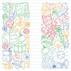 School, kindergarten icons for children. Creativity and imagination. Online education. Dancing, singing, painting.