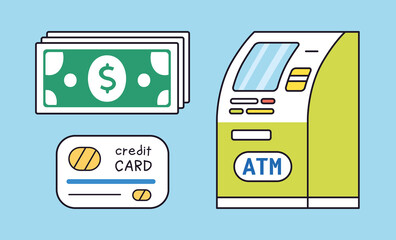 ATM bank machine with dollar bills banknotes stack and credit card isolated cartoon vector icons, cash money, loan, wages funds payment or atm withdrawal.