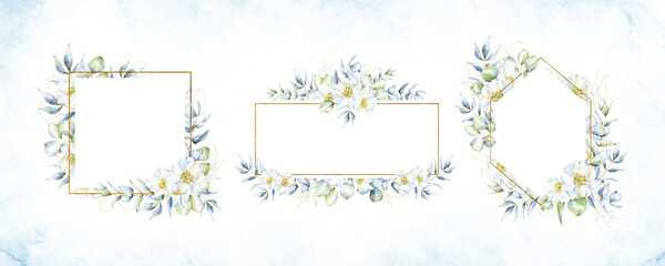 Selection of three white and golden frames with eucalyptus branches, leaves, golden eucalyptus plant clipart and rose hip flowers