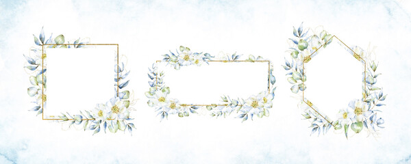 Three white and golden wedding frames with eucalyptus illustrations, rose hip flowers and golden clipart, for cards, invitations and post templates