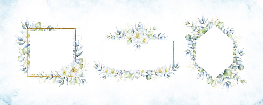 Set of elegant watercolor frames, square, border and diamond, with hand painted eucalyptus clipart and white rose hip flowers, for cards, invitations