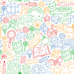 School, kindergarten icons for children. Creativity and imagination. Online education. Dancing, singing, painting.