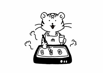 ホットプレートで焼き肉を焼く虎の手描き風イラスト白黒