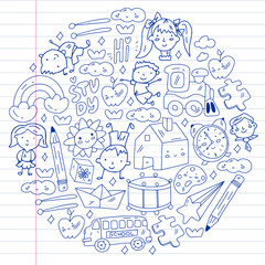 Vector pattern. School and online education. Little boys and girls play and grow together.