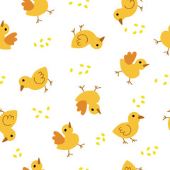 Seamless pattern with yellow chickens and grain on a white background. Print, wallpaper, textile, background. Vector flat illustration.