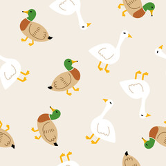 Seamless pattern with goose and duck on a beige background. Wallpaper, textiles, print. Vector flat illustration.