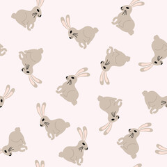 Seamless pattern with gray rabbits or hares on a pink background. Easter, holiday, spring. Vector flat illustration.
