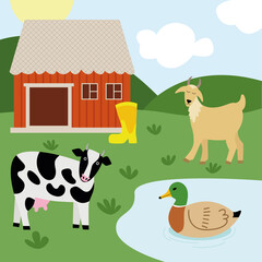 Rural landscape, farm and fields. A cow and a goat graze, a duck swims in the lake. Against the background of the house and trees. Education for children, coloring book, fairy tale.