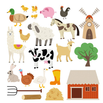 Set of rural animals and farm. Lama, ram, sheep, cow, pig, horse, goat, duck, hare, rabbit, chicken, chickens, rooster, goose, mill, pitchfork, house, haystack, tree