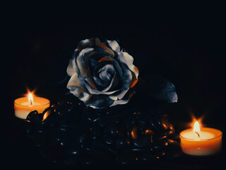 burning candle and rose
