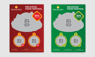 Restaurant Fast Food Flyer Template Design 5 with  Yellow, Red, Green and White Color in Rectangle, Circle, Triangle Layout A4 Size, Food Template Brochure Design Vector