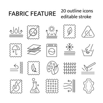 Fabric diversity properties outline icons set. Textile industry. Editable stroke