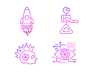 Fototapeta premium Cyberpunk outline icons set. Futuristic robot and spaceship. Skull with mohawk. Digital eye
