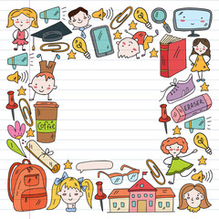 Vector pattern. School and online education. Little boys and girls play and grow together. Online education.