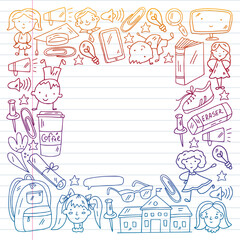 Vector pattern. School and online education. Little boys and girls play and grow together. Online education.