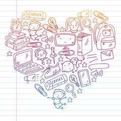 Vector pattern. School and online education. Little boys and girls play and grow together. Online education.