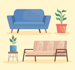 two sofas and houseplants