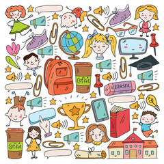 Vector pattern. School and online education. Little boys and girls play and grow together. Online education.
