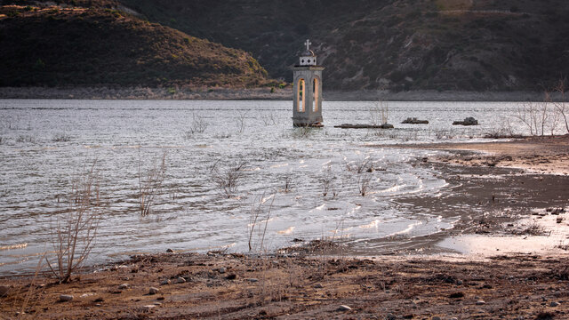 Ruined old church in Alassa, Cyprus is submerged under water of Kouris dam