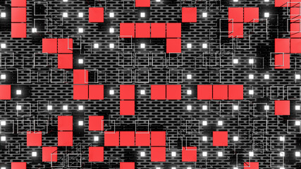 Fototapeta premium Sci Fy Neon Glowing Lamps On Dark Perforated Wall. Abstract Technology Background. 3D Rendering Image.