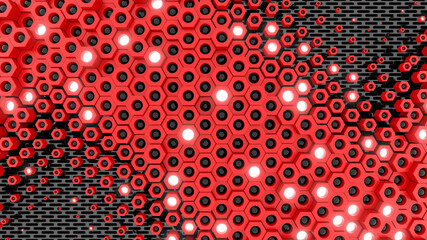 Sci Fy Neon Glowing Lamps On Dark Perforated Wall. Abstract Technology Background. 3D Rendering Image.