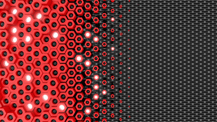 Sci Fy Neon Glowing Lamps On Dark Perforated Wall. Abstract Technology Background. 3D Rendering Image.