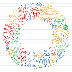 Vector pattern. School and online education. Little boys and girls play and grow together. Online education.
