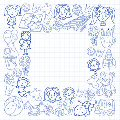 School, kindergarten with cute vector children. Dancing, singing, painting, online education. Creativity and imagination.