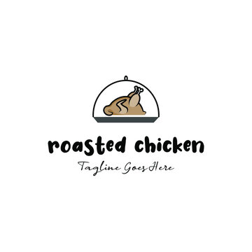 Baked roasted chicken with leg for dinner cuisine thanksgiving and christmas celebration for simple flat retro vintage hand drawn restaurant logo design vector