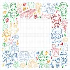 Vector pattern. Kindergarten and toys. Little children game. Kids playground. Education, creativity, imagination.