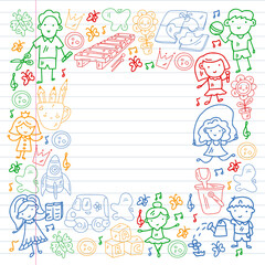 Vector pattern. Kindergarten and toys. Little children game. Kids playground. Education, creativity, imagination.