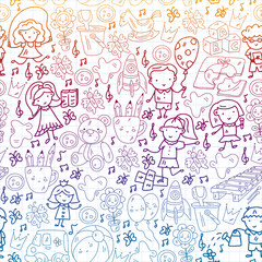 Vector pattern. Kindergarten and toys. Little children game. Kids playground. Education, creativity, imagination.