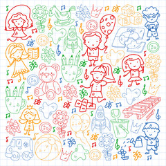 Vector pattern. Kindergarten and toys. Little children game. Kids playground. Education, creativity, imagination.